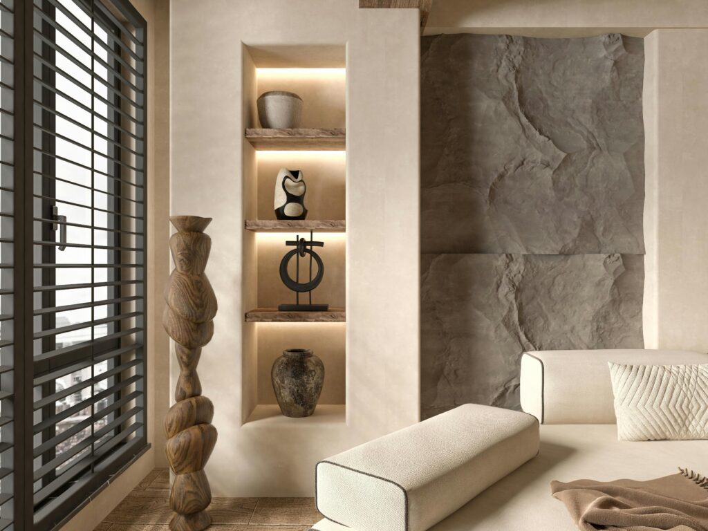 Elegant living room featuring minimalist decor with a luxurious touch and warm lighting.